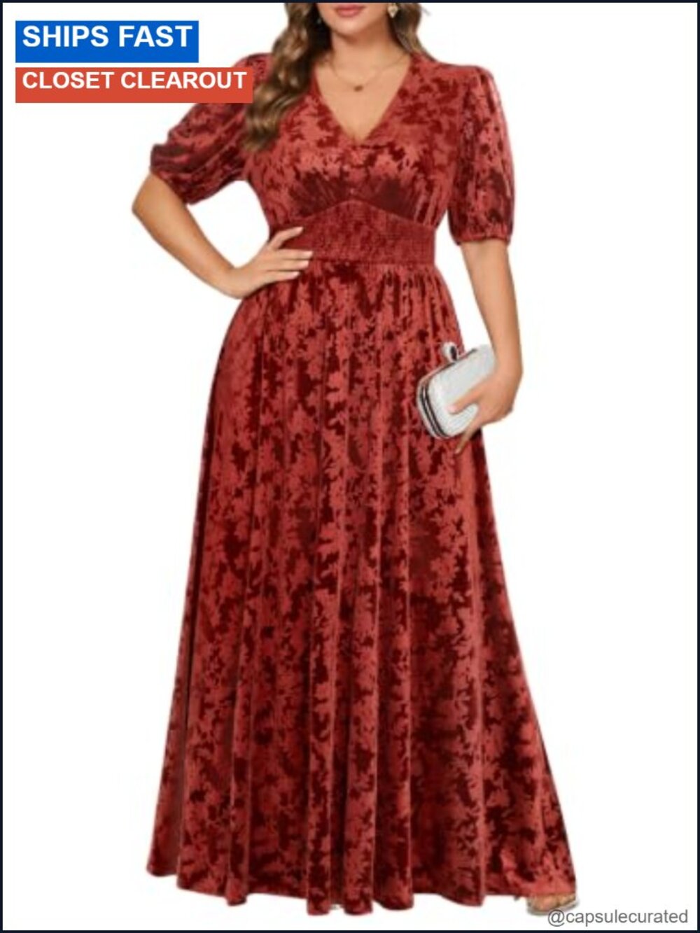 Velvet Maxi Dress Puff Sleeve V-Neck Empire Waist Wedding Guest Formal